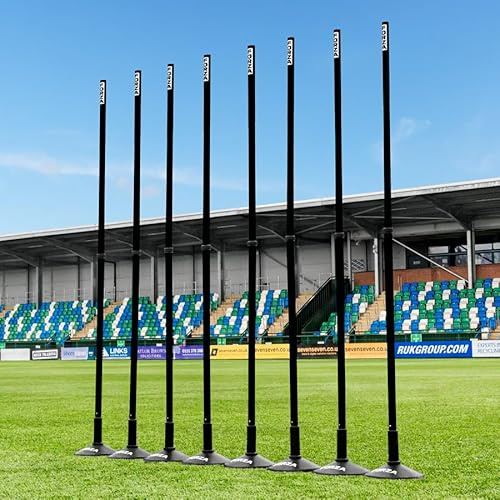 FORZA Teleskopiska slalomstänger | Justerbara 8-pack träningsstänger för sportborrar och smidighet – flera färger (med baser, svart)
