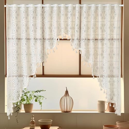 Ueiwffzo 1 PCS Boho Makramee Vorhang Scheibengardine, Chic Spitze Blumenmuster Kurzer Gardinen Landhausstil Bistrogardine Küchengardinen Vorhänge für Türen Schlafzimmer, 100x150cm (Beige)