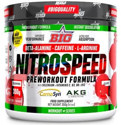 BIG - Nitrospeed Pre Entreno - Pre Workout Fuerte en Polvo con Beta-Alanina Carnosyn®, L-Arginina AKG y Citrulina Malato – Suplemento Preentreno Energía, Resistencia y Focus (Lollipop, 300g)