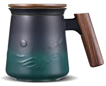 ZENS Taza de infusión de té de con cesta de infusor y tapa para remojar, 430ml Taza de Te con Filtro y Tapa, para té a granel con asa de madera, cerámica Taza para regalo de té, Verde degradada