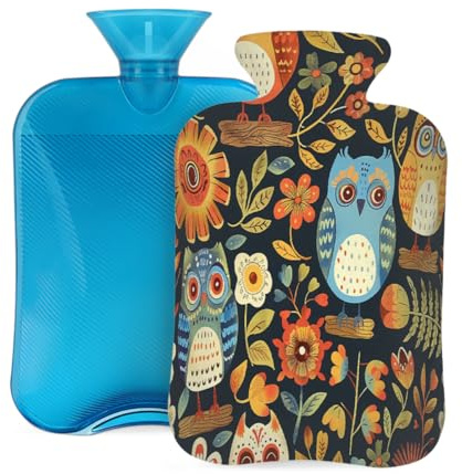 Myfsucce Wärmflasche mit Bezug, Motiv: Blume, Eulen, ethnischer Druck, wiederverwendbarer PVC-Wärmbeutel zur Schmerzlinderung, Krämpfe und Wärme, 31 x 20,3 cm, 2 l