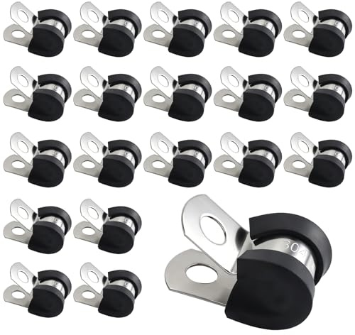 20PCS Stainless Steel Rubber Cushioned R Shape Clamps, Rubber Lined P Clips, 8mm (5/16) Hose Pipe Clamps, Cable Mounting Hose Pipe Clamp for Cable, Cord, Wire, Tube (8mm)