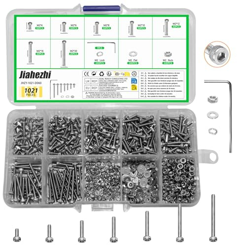 1021 Pcs Stainless Steel M2 Nuts and Bolts Set, Hex Socket Head Cap Screws with Lock & Flat Washers for DIY Repairs & Home Improvement