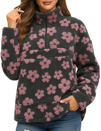Generisch Pull en polaire pour femme avec demi-fermeture éclair - Veste d'hiver en polaire - Veste douillette - Veste Sherpa - Veste avec motif floral - Sweat chaud sans capuche - Troyer, Rose, XL