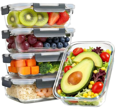5 Pack Glass Food Storage Containers, 1040ml Glass Meal Prep Containers | Stackable Airtight Glass Meal Prep Containers, Leak Resistant Glass Food Container with Lids, Oven Microwave Dishwasher Safe