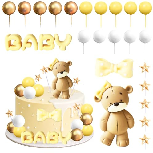 Tortendeko Bär Set 23 Stück – Gelb, Weiß und Goldene Tortenkugeln, Baby-Schriftzüge, Sterne und Schleifen Kuchen Deko Geeignet für Babypartys, Taufen und Erste Geburtstagsfeiern