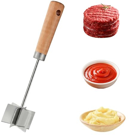 Stainless Steel Meat Chopper, 27 cm Mince Masher with Wooden Handle, 6-Blade Metal Ground Beef Masher Tool, Heat Resistant Potato Masher, Multi-Use Meat Mincer Tool for Vegetables Fruits