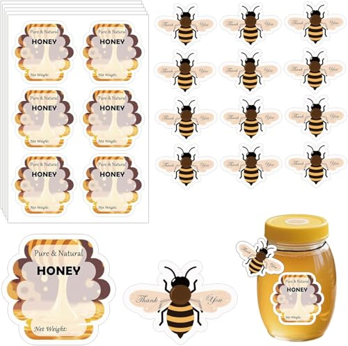 30er-Set reine natürliche Honiggläser und Flaschenetiketten, 5,1 x 6,3 cm, Bienenform, Dankeskarte, Bauernhof, Küche, Name, Geschäft, runde Einmachglas-Etiketten für Honigquartgläser und Honigbären