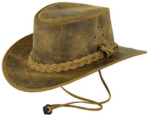 Leatherick Unisex-Cowboyhüte aus echtem Mad-Horse-Leder im West-Aussie-Stil mit Kinnriemen (DE/NL/SE/PL, Alphanumerisch, XXL, Hellbraun)