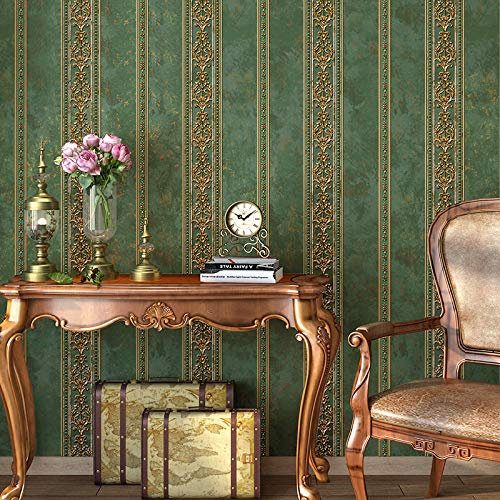 Prior.choice 10X0.53M Vintage Luxury Gold Damask Stripes 8 Colors Embossed Textured Non-Woven Wallpaper Roll for Bedroom Livingroom 1.73' W x 32.8' L=5.3㎡ (57sq.ft) (Olive Green)