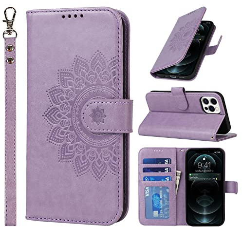 ELTEKER Handyhülle iPhone 12, iPhone 12 Pro Hülle, [3 Kartenfächer] [Magnet Verschluss] Leder Eleganter Prägung Schutzhülle Ledertasche Klapphülle Hülle für iPhone 12/12 Pro, Violett