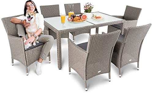 di volio Polyrattan Gartenmöbel-Set mit Tisch und 6 Stühlen Verona | Lounge Sitzgruppe, Tischplatte aus Glas, Rattan-Optik, für Garten und Terrasse