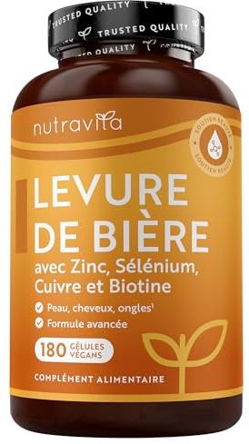 Nutravita Levure de Bière avec Zinc, Selenium, Cuivre et Biotine - 180 Gélules Végétales - Levure de Biere Cheveux, Peau et Ongles - Maintien d'un Système Immunitaire Normal