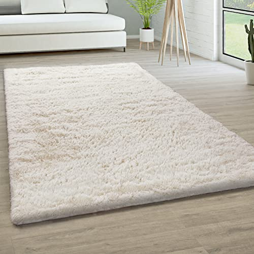 Paco Home Hochflor Teppich Wohnzimmer rutschfest Fellteppich Shaggy Flauschig Weich Modern Kunstfell Fell Imitat Einfarbig, Grösse:120 cm Rund, Farbe:Ivory (Creme)
