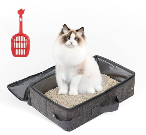 HIKEMAN Kitten Cat Litter Tray - Foldable Litter Box,Portable Cat Toilet with a Scoop for Small Cats & Rabbits,Pet Supplies for Housetraining,Travel (Grey)