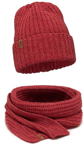 ELIMELI Damen Mütze - Beanie Strickmütze für Winter und Herbst - Slouch Strick Beanie für Frauen - warme weiche Strickmütze - Cuffed Beanie Hats - Farbenauswahl (Mütze mit Schal, Rot)