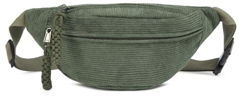 Micmores Damen Bauchtasche aus Cord, Modische Umhängetasche Crossbody Bag, Praktische Brusttasche Gürteltasche für Outdoor, Sport, Reise, Laufen, Schule(Grün)