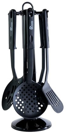 Pradel Excellence - PUST003009 - Ensemble 6 Ustensiles de Cuisine - Nylon Noir - Manches Polypropylène - Support Rotatif - Cuillère à Sauce, Louche, Pelle, Écumoire, Cuillère à Spaghetti
