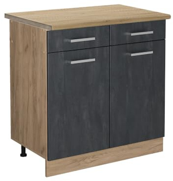 Vicco Küchenunterschrank R-Line, Schubladenschrank für die Küche, Schwarz Beton, 80 cm AP Eiche