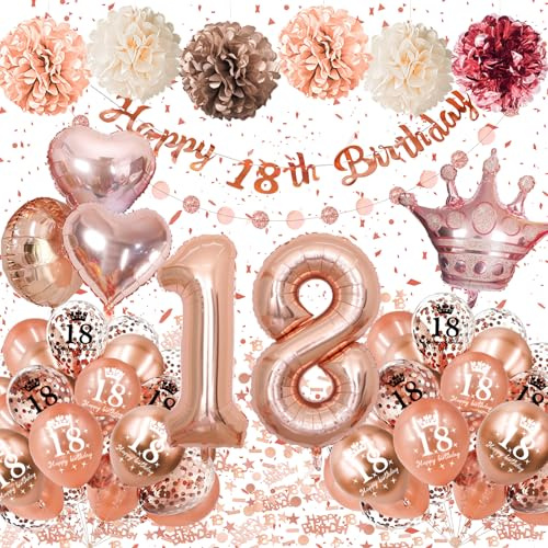 Palloncini 18 Anni Compleanno Oro Rosa, Decorazioni 18 Anni Ragazza con Palloncini Compleanno Numero 18 Cuori e Corone, Striscione Happy 18th Birthday,Pompon di Carta, 18 Anni Decorazioni Festa