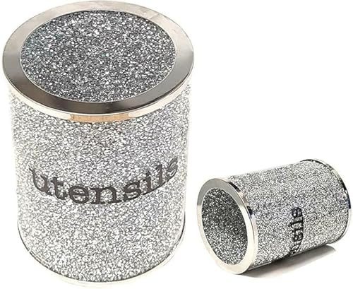 Diamond Crystal Utensil Holder Glass Kitchen Utensil Holders For Countertop, Utensil Caddy, Utensil Crock Kitchen Utensil Organizer, (Silver, Round)