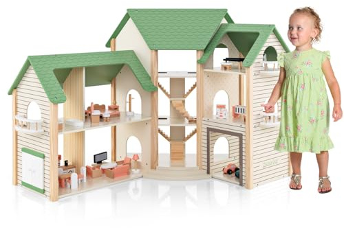 GOPLUS Puppenhaus aus Holz, Dollhouse mit 36-teiligem Zubehör, Traumhaus mit 6 Zimmern, eingebauten Treppen & Balkonen & Garage mit 2 Spielzeugautos für Mädchen ab 3 Jahren (Model 1)