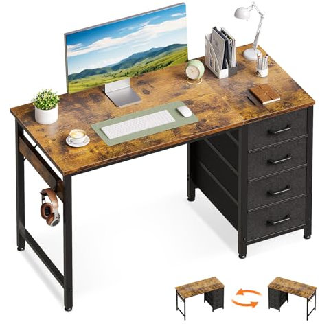 ODK Kleiner Schreibtisch mit 4 Schubladen, 100x48x75.7cm Computertisch Umkehrbarer Bürotisch mit Kopfhörer Halter, PC Tisch Holz für Heimbüro, Braun