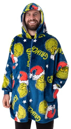 The Grinch Adults bärbar filt hoodie | Vuxen tröja med dragkedja i fleece i blått med Grinch-teckentryck | Sherpa Fodrade Loungewear med fickor | Klassisk julfilmspresent