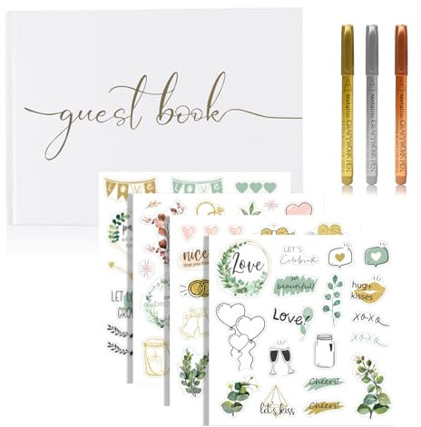 MIHURO Gästebuch Hochzeit, 100 Seiten Gästebuch Blanko, Goldfolie Hochzeitsplaner Buch, Hochzeitsbuch mit Metallstift und Aufklebern, Hochzeitsfotoalbum für Hochzeiten Taufe Geburtstage (Weiß)
