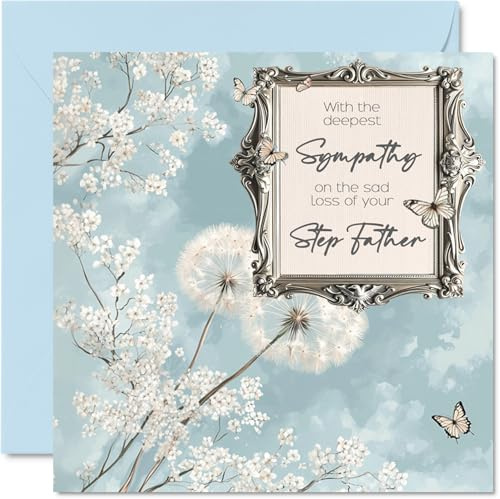 Trauerkarten – Deepest Sympathy Sad Loss Of Your Step Vater Karte – Sorry Trauer Trauerkarten für Erwachsene, 145 mm Beileidskarte, Gedenkkarte mit Blumenmotiv