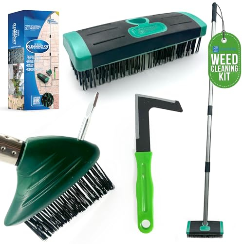 Ultimate Garden Weed Brush Set & Patio Cleaner Includes Metal Wire Broom, Angled Weed Brush with Built In Scraper Tool & Free Handheld Weed Remover Tool, Ideal for Driveway, Garden & Patio Cleaning
