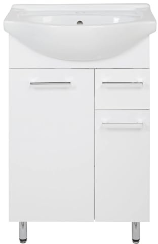 VBChome Badrumsset 56 x 86 x 42 cm med keramiskt tvättställ, underskåp med två dörrar och lådor – traditionell stil