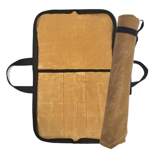 Borsa per coltelli da chef, per posate da esterno, borsa portatile in tela cerata per coltelli, utensili da cucina, da trasporto per campeggio e viaggi, cachi, Refer to description