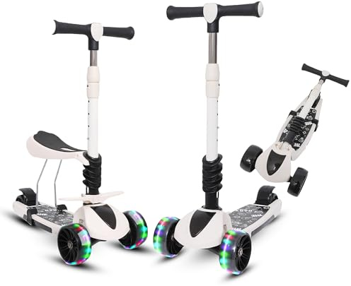 Habib 3-in-1 Kinderroller mit Sitz - Dreirad Tretroller, Faltbar, Höhenverstellbar, LED Räder, Kinderroller ab 3 Jahren (Bis 50kg)