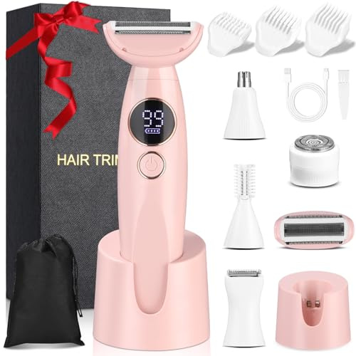 Damrakapparat, 5-i-1 epilator för kvinnor, intim rakapparat för kvinnor, uppladdningsbar, elektrisk rakhyvel för kvinnor, rakapparat, för kropp, armhålor, bikini, ögonbryn och näsa rosa