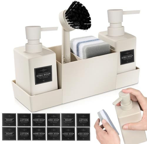 SPORWAY Seifenspender Spülmittelspender, 350ml Spülbecken Organizer mit Bürste und Spülschwamm, Spülorganizer Spülbecken Organizer mit Abtropfschale für Küchen, Bad (Beige)