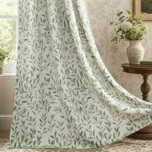 VOGOL Green Leaves 84 Curtains, Eyelet Linen Look Drapes, 52×84, 1 Panel | Linen Textured Durable fabric, Light Filtering Privacy Protection, Farmhouse Rustic Botanical Print, for Living Room Bedroom