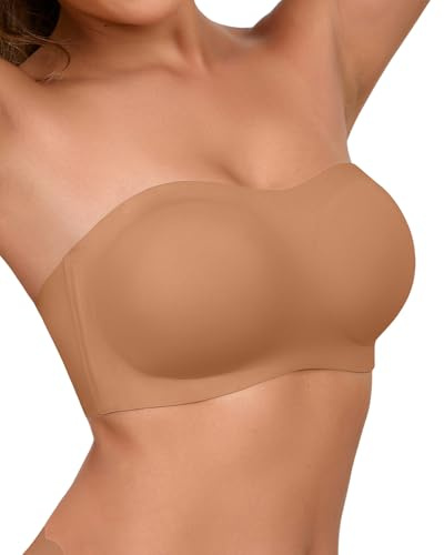 SHARICCA Dam axelbandslös bh push up utan bygel bandeau topp halkfri silikon sömlös bralette med avtagbar axelrem strapless BH, BRUN, XL