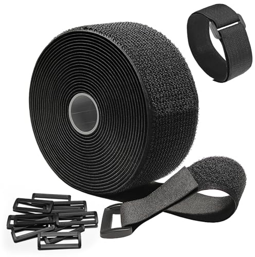 GUIGA 5 cm x 5 m de fijación de cable, reutilizable de nailon para almacenamiento de cables (con 10 hebillas), libre de cortar rollo de rasguño para el hogar y la oficina (Negro)