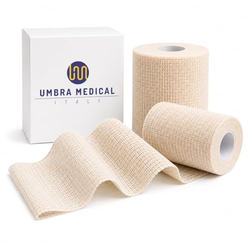 UMBRA MEDICAL ITALY Benda Elastica Coesiva 20 m in Cotone – Autoadesiva Ipoallergenica e Traspirante – Per Fissaggi, Fratture, Garze e Bendaggi – Made in Italy – Diverse Misure (4cmx20m)