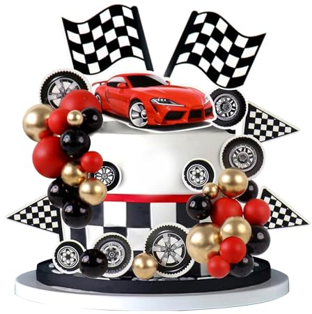 42Stk Rot Rennwagen Kuchen Dekoration Rad Checked Flagge Cupcake Topper Kugel Kuchen Dekorationen für Rennwagen BabyParty Kinder Geburtstagsfeier Party Zubehör