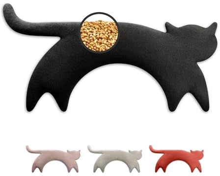 LESCHI Coussin chauffant micro ondes en coton 100% bio, Chat noir, Bouillotte graines de blé 100% bio, Bouillotte micro-ondes idéale pour réchauffer cervicale, épaules, cou, nuque
