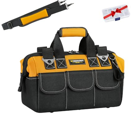 WINHUNT Wide Mouth Small Tool Bag, Waterproof Tools Storage Organiser Electricians Tool Bags with Adjustable Shoulder Strap, 13 Inch, Yellow