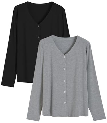 Latuza Women's Bamboo Viscose Pajama Top Long Sleeve Button Up Sleep Shirt S Black Light Gray 2 Pack