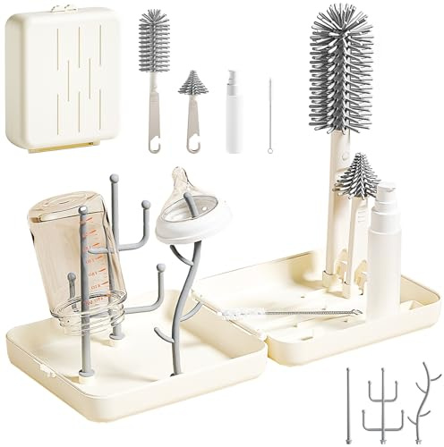 XongSyue 7 en 1 Ensemble Goupillon Biberon avec Silicone brosse biberon, Brosse à Tétines, Brosse à Paille, Distributeur Savon, Egouttoir Biberon Bebe, Boîte de Rangement, pour Voyage Usage Domestique