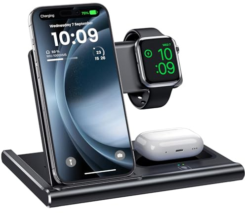 EXW 3 in 1 iPhone Ladestation, Induktive Ladestation für iPhone 12–17 Pro Max,Schnelles Kabelloses Ladegerät für AirPods 2 3 4 Pro und Apple Watch Ultra 3-2/S11–6,Schwarz(Adapter Nicht Enthalten)