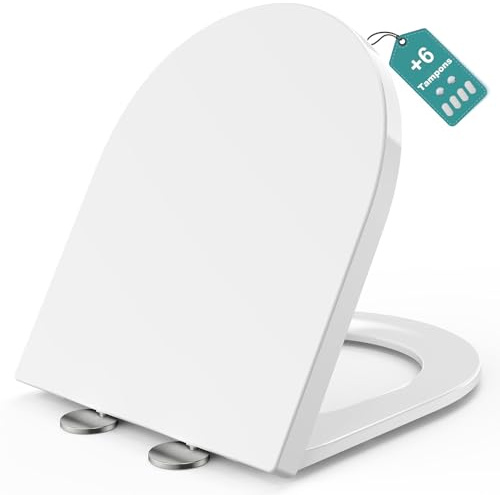 Meejee Abattant de WC Longue Forme en D 460x365 mm, Couvercle de Toilette avec Abaissement Automatique Forme en D, Blanc, Abattant en Duroplast, Siège de Toilettes à Fermeture Silencieuse, Toilettes à
