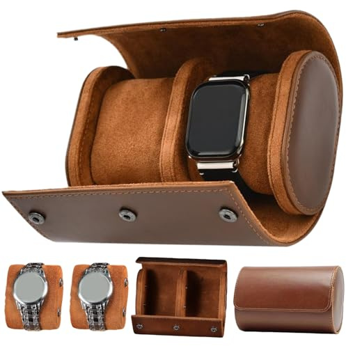 AZIDWERYQ Estuche de viaje para relojes Estuche de viaje compacto con rollo de reloj de PU con 2 ranuras divididas desmontable con parte posterior plana para organizar y almacenar