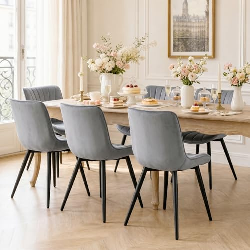 Hellove Velvet Dining Chairs with Metal Legs, Set of 6 Modern Upholstered Kitchen & Dining Room Chair with Thick Seat Cushion, Armless Accent Side Chair with Back for Vanity Living Room– Grey