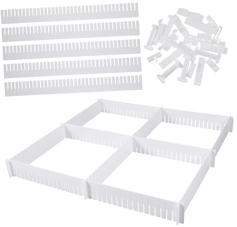 OSOLADY Schubladenteiler Kunststoff 47x5cm Weiß 34 Stück mit T Stücken und Befestigungsklammern Verstellbarer Organizer für Schubladen im Kleiderschrank